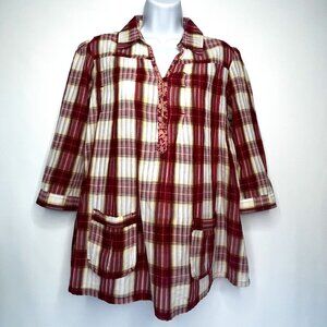 Vintage DCC Missy Casual Top Red White Plaid Sz M Cotton 3/4 Sleeve Collar